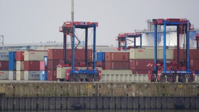 Ein Portalhubwagen (Straddle Carrier) beim Containertransport im Hamburger Hafen“ – präzise, keywordreich und barrierefrei